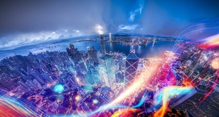 Canvas Print - Aerial view of a bustling cityscape at night with a harbor and skyscrapers.