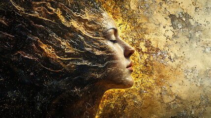 Poster - Artistic representation of a serene profile merging with flowing elements embracing tranquility and beauty in abstract form