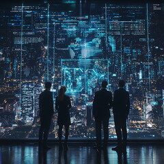 Leinwandbilder - Business professionals analyzing digital cityscape data visualizations for enhanced analytical insights in urban environments
