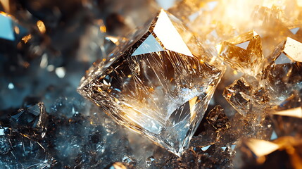 Poster - Stunning crystal formation with reflective surfaces illuminated by vibrant light in a detailed xr visualization