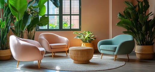 Poster - A cozy living room with two pink armchairs, a teal armchair, a woven coffee table, and large green plants.