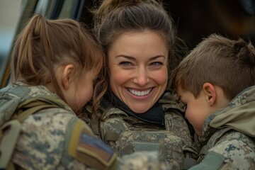 Military mom being welcomed by her family at home, Generative AI