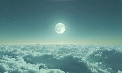 full moon shining brightly over a vast sea of clouds with scattered stars in the night sky.