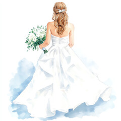 Watercolor illustration of a beautiful bride in a white wedding dress holding a bouquet, clipart style, isolated on a white background