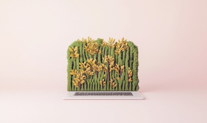 Poster - Minimalist Art Laptop Shape Formed by Trees and Leaves on Pastel Background