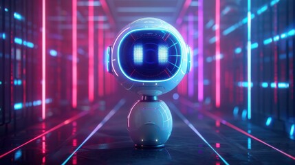 Futuristic robot with neon lights in a digital environment.