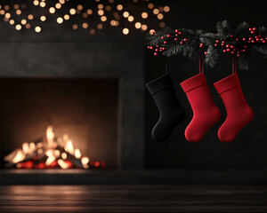 Experience the warmth of the holiday season with festive stockings and a crackling fireplace creating the perfect ambiance for Christmas celebrations