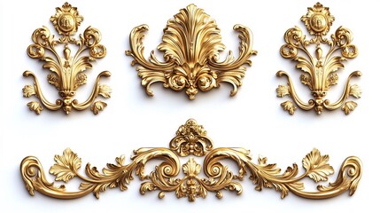 Fototapete - 3d Golden baroque ornament single set isolated white Background