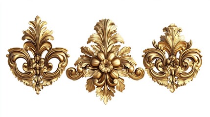 Poster - 3d Golden baroque ornament single set isolated white Background