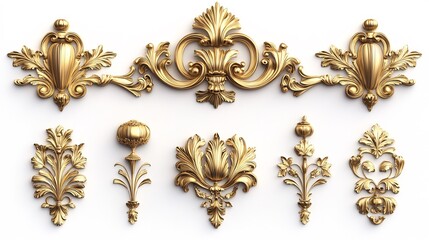 Poster - 3d Golden baroque ornament single set isolated white Background