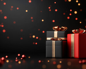 Discover the beauty of gifting this holiday season with stunning black and red wrapped presents adorned with elegant ribbons set against a shimmering backdrop of festive lights