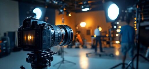 A professional DSLR camera on a tripod set up and ready to film in a studio setting with a person out of focus behind.