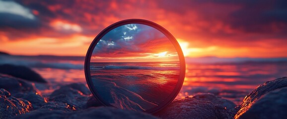 Aufkleber - A round mirror reflecting a beautiful sunset over the ocean on a rocky beach.