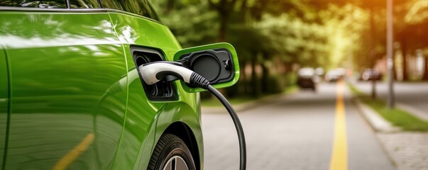 A green electric car is charging on a sunny street, highlighting the transition to eco-friendly transportation.