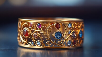 Poster - Customdesigned gold cuff bracelet with gemstone inlays and ornate filigree patterns reflecting light in a sleek jewelry display with a modern aesthetic