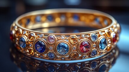 Poster - Customdesigned gold cuff bracelet with detailed filigree work and shimmering gemstones elegantly displayed on a mirrored surface