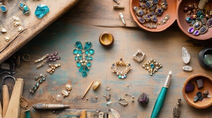 Poster - A meticulously organized jewelry crafting studio, Gemstones and tools laid out for intricate designs, Artisanal jewelry style
