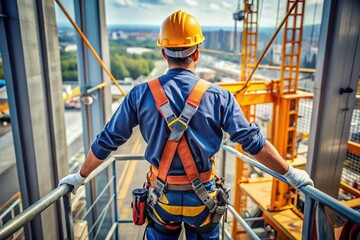 a man in a yellow and orange safety harness is standing on a bridge