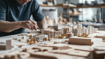 Poster - A modern architecture studio with architects designing urban models using blocks, Blocks arranged in urban planning layouts, Architectural design style