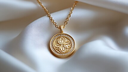 Poster - Delicate gold pendant with intricate detailing displayed on a sleek minimalistic white background highlighting the elegance of fine jewelry craftsmanship