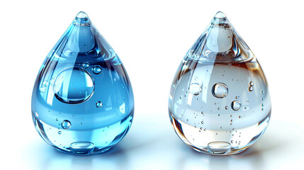 Two vibrant water droplets reflecting light on a bright white background