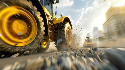 Dynamic construction scene with bulldozers on a dusty urban road.