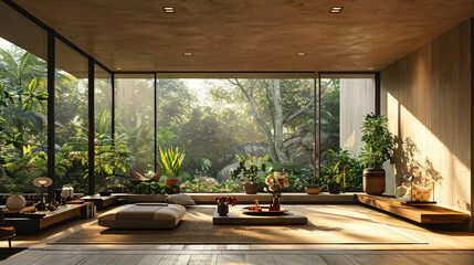 Poster - A cozy living space featuring a mix of plants and comfortable seating arranged thoughtfully, illuminated by natural light streaming through large windows for lifestyle.