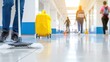 © Anna - Janitor cleaning school hallway with mop and bucket during daytime with students in background.