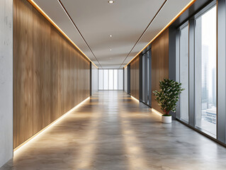 Poster - A modern corridor with wooden walls and large windows, illuminated by soft lighting, creating a sleek and inviting atmosphere for architecture.