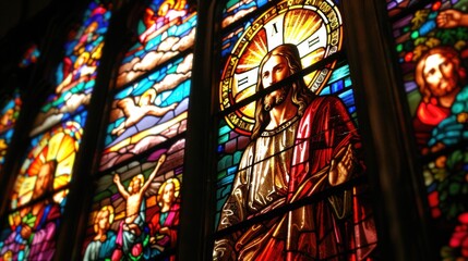 Stained glass window featuring religious scene with Jesus and angels in colorful detail.