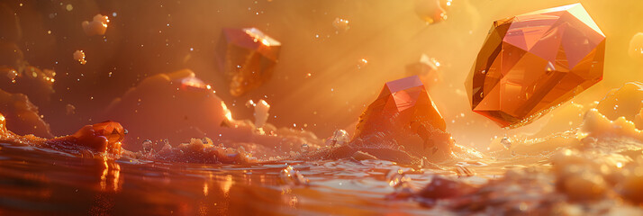 Poster - An artistic scene showcasing floating crystals above a shimmering surface, illuminated by warm light, creating a magical and surreal effect for graphic resources.