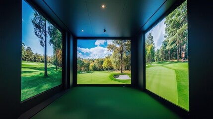 Aufkleber - A modern golf simulator room with state-of-the-art technology, Virtual fairways on panoramic screens, High-tech gaming style