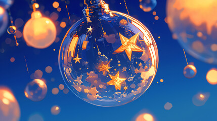Poster - A beautifully decorated glass ornament hanging against a blue background, featuring gold stars and festive elements for celebrations.