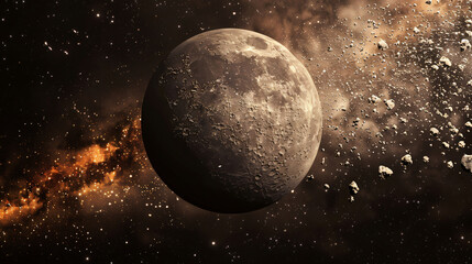 Poster - A detailed image of a rocky lunar landscape with asteroids floating in space, illustrating a cosmic scene for science.