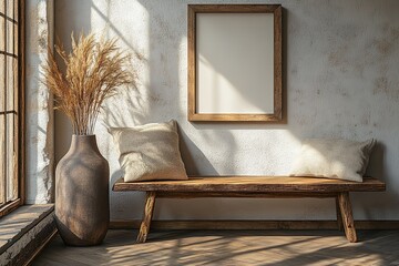 Rustic bench with a vase and pillows placed near a framed wall. Boho-style interior design in a modern entryway or hallway.