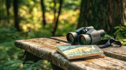 Poster - A peaceful birdwatching session in a secluded forest, Binoculars and field guide laid out on a wooden bench, Naturalist style