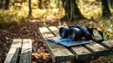 Poster - A peaceful birdwatching session in a secluded forest, Binoculars and field guide laid out on a wooden bench, Naturalist style