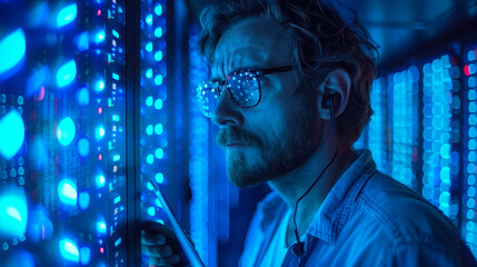 Poster - network engineer monitoring data in futuristic server room with digital ai tablet technology in blue