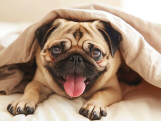 Sticker - A cute dog peeks out from under a blanket. AI.