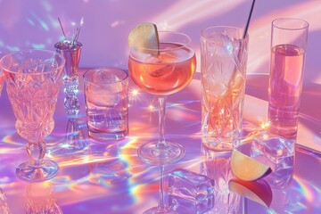 A variety of elegant cocktail glasses with colorful drinks and reflections, set on a vibrant, shimmering surface for festive occasions.