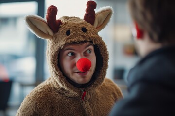 a playful man wearing a reindeer costume with antlers and a red nose, bringing festive cheer indoors