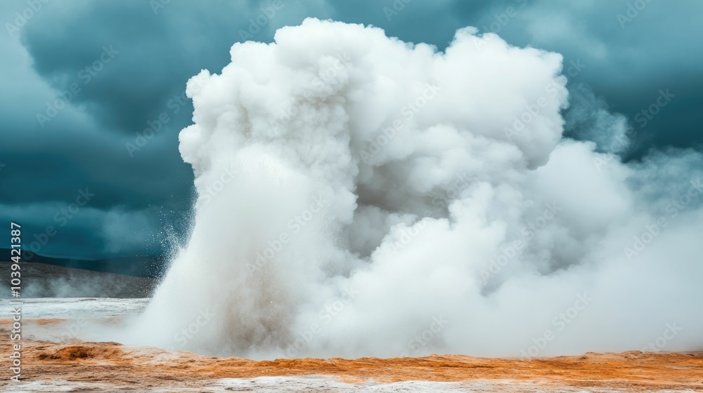 Powerful eruption of a geyser releasing a massive plume of steam and ...