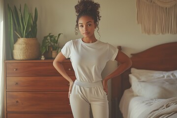 young woman poses confidently in casual attire within a cozy, well-decorated bedroom featuring natur