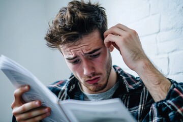 A young man appears perplexed while reading a difficult textbook, highlighting academic challenges and study struggles.