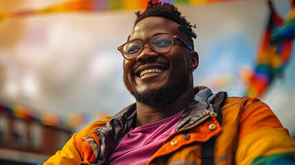 Joyful Plus-Size Disabled Black Man Celebrating Pride Festival in Wheelchair, Close-Up Portrait, Vibrant Daytime, LGBTQ+ Happiness, Inclusivity and Diversity