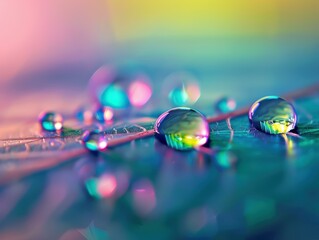 Wall Mural - Water drops on a leaf with a colorful background. AI.