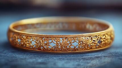Poster - Handcrafted gold bangle with delicate filigree patterns displayed on a plain minimalistic backdrop showcasing the artistry and intricacy of the design