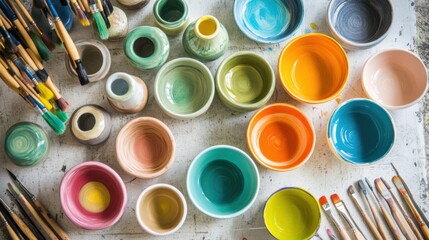 Aufkleber - A peaceful ceramics painting workshop with ceramic paints and pottery, Painting tools organized in a bright workshop setting, Artistic workshop style