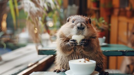 Wall Mural - A beaver sitting at a table, eating a piece of food. AI.