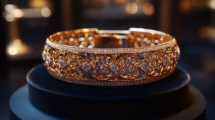 Poster - Luxurious gold cuff bracelet adorned with intricate filigree and shimmering diamonds displayed on a dark velvet surface in an elegant boutique setting